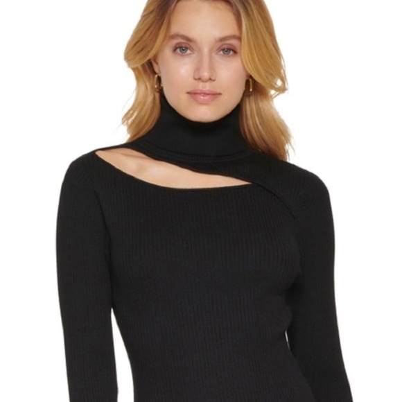 DKNY Open Shoulder Ribbed Knit Turtleneck - Picture 1 of 5